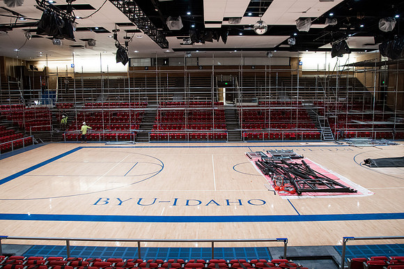 Construction in the BYUI Hart building main gym, locker rooms, and racquetball courts.