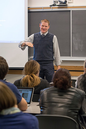 Jeremy Lamoreaux, faculty member of the Brigham Young University-Idaho Political Science department, teaching in class.