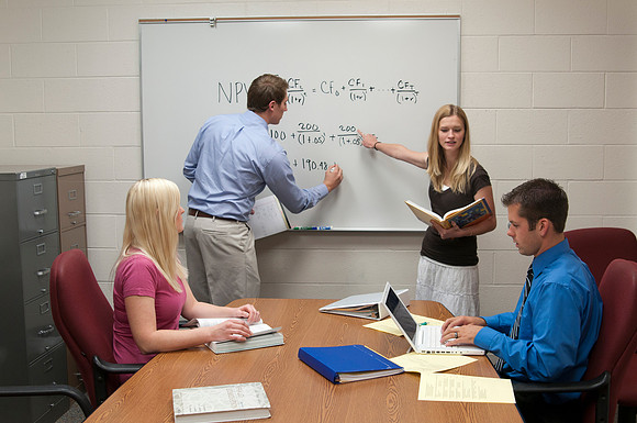 Economics students study group. Kristen Olzasck, Adam Luke, Ben Webb and Christina Williams