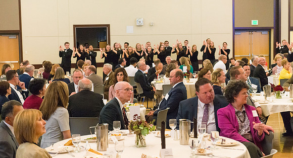 President Henry J Eyring hosts members of the President's Club who gather for a reception and banquet in the BYU-Idaho Marriott Center.