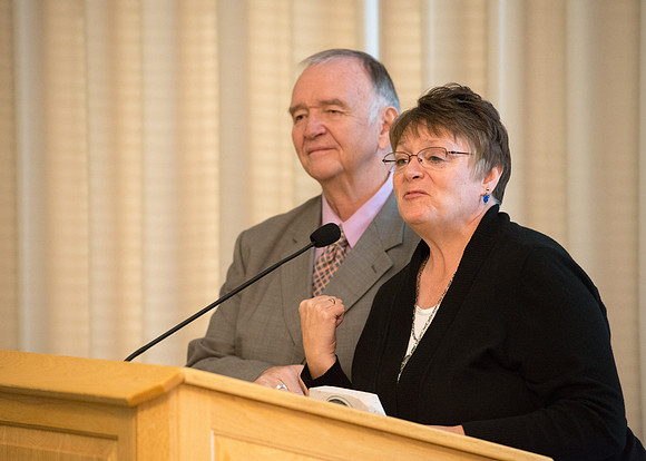 Ricks College Alumni gather to honor John and Trudy Bidwell at an Emeritus Breakfast.