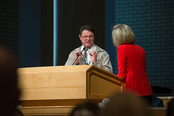 Sister Bonnie Cordon in the General Young Women's Presidency addresses Employees gathered in the Taylor Chapel.