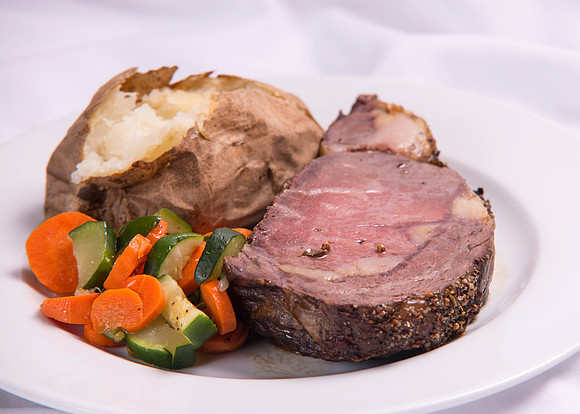 Food Service Catering Menu item. Prime Rib, Baked Potato and vegetables