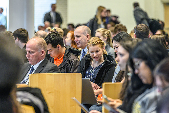 Students listen to Don Sleight, CEO of AgReserves, Inc for The Church of Jesus Christ of Latter-day Saints speak on the topic of: Learning From Science, Learning From Faith, in the Taylor Chapel.