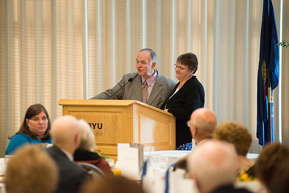 Ricks College Alumni gather to honor John and Trudy Bidwell at an Emeritus Breakfast.