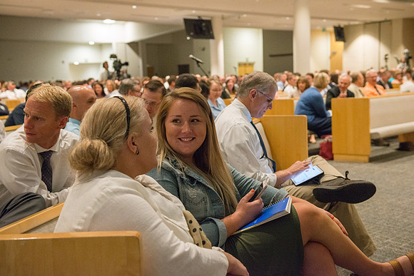 Sister Bonnie Cordon in the General Young Women's Presidency addresses Employees gathered in the Taylor Chapel.
