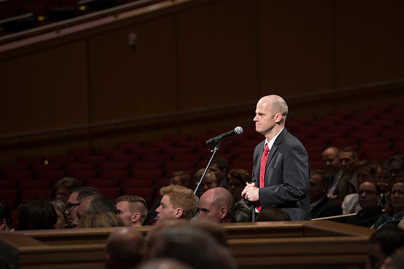 President Gilbert and Elder David A. Bednar Have a Q&A style meeting for the BYU-Idaho employees. Elder Bednar was the President during the transition of Ricks College to BYU-Idaho.