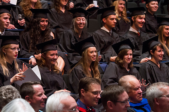 Graduating students from the Visual and Performing Arts Department gather for convocation in the Snow Building.