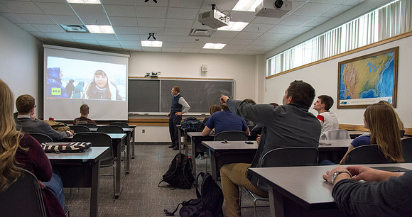 Jeremy Lamoreaux, faculty member of the Brigham Young University-Idaho Political Science department, teaching in class.