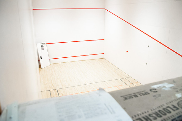 Construction in the BYUI Hart building main gym, locker rooms, and racquetball courts.