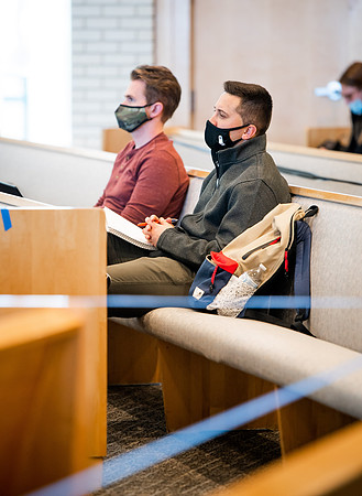 BYUI classes in the religion department meeting during Covid-19 with masks and social distanced seating.