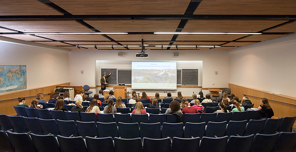 Brother Michael Madsen teaches his early morning Geography For Elementary Teachers class in the Ricks Building.