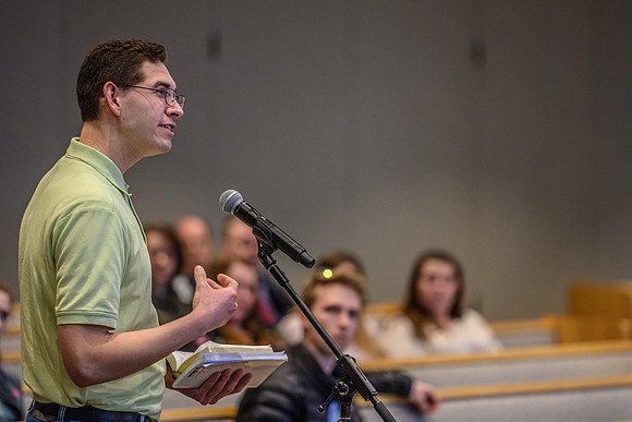 Students participate in the Q&A portion of the forum with Don Sleight, CEO of AgReserves, Inc for The Church of Jesus Christ of Latter-day Saints on the topic of: Learning From Science, Learning From