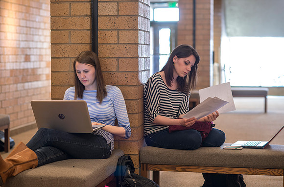 Back to Shool April 2014. Students study in the Snow lobby also known as the "Fish Bowl".