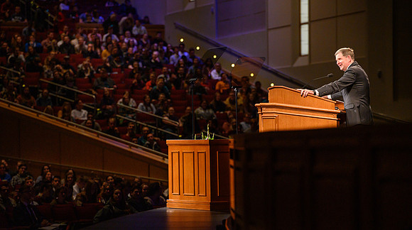 Elder James R Rasband of the Quorum of the Seventy speaks at devotional in the BYU-Idaho Center.
