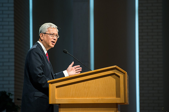 Elder Gerrit W. Gong of the First Quorum of the Seventy addresses employees in an all employee meeting. Sept 2016.