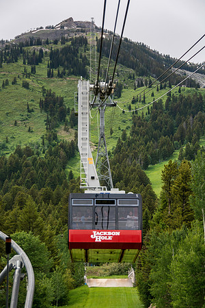 Jackson Hole Ski area. Scouting out Rock Spring Buttress for video shoot. Aerial Tram ride to the top.