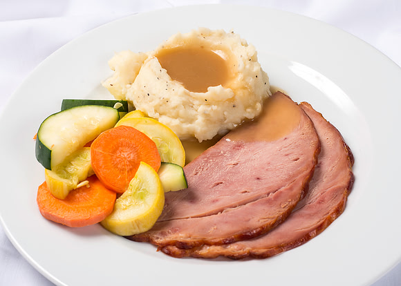BYU-Idaho Food Service Catering menu item. Ham, potatoes and gravy and vegetables.