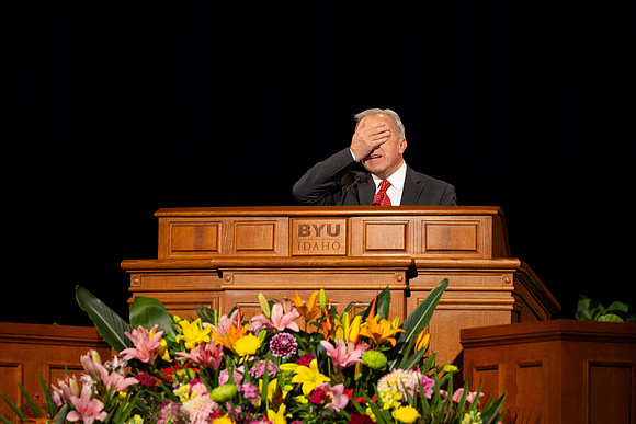 Sister Andrea Muñoz Spannaus and her husband Alin Spannaus speak to students at BYU-Idaho.