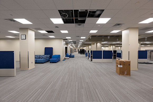 Interior of the David O. McKay Library during the final stages of construction for the second and third floors.