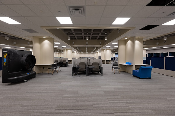 Interior of the David O. McKay Library during the final stages of construction for the second and third floors.