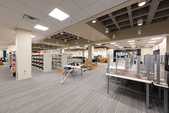 Interior of the David O. McKay Library during the final stages of construction for the second and third floors.