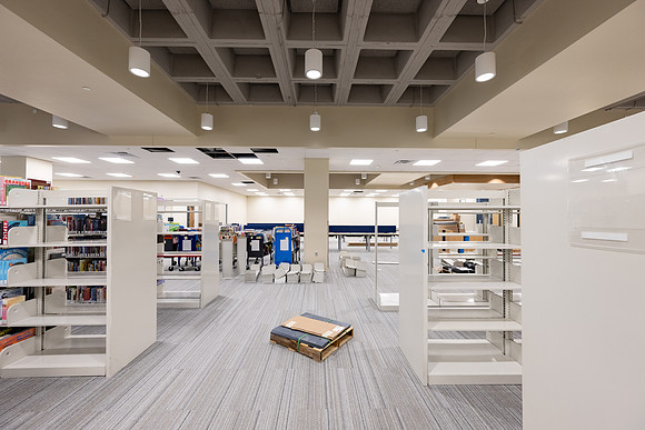 Interior of the David O. McKay Library during the final stages of construction for the second and third floors.