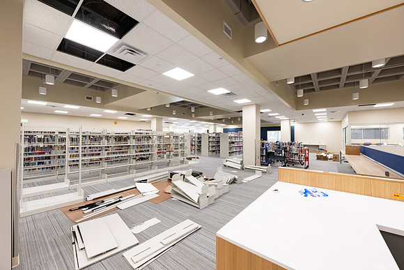 Interior of the David O. McKay Library during the final stages of construction for the second and third floors.