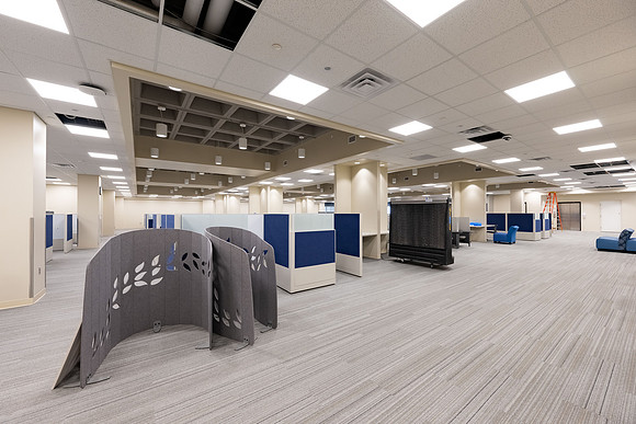 Interior of the David O. McKay Library during the final stages of construction for the second and third floors.