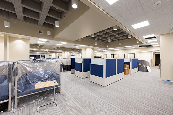 Interior of the David O. McKay Library during the final stages of construction for the second and third floors.
