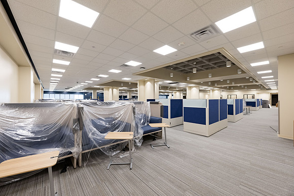Interior of the David O. McKay Library during the final stages of construction for the second and third floors.
