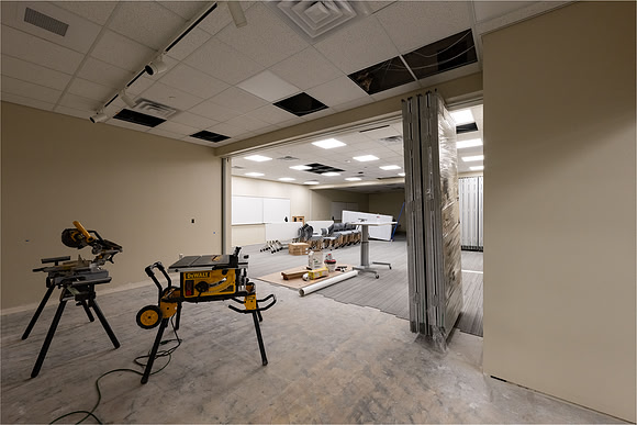 Interior of the David O. McKay Library during the final stages of construction for the second and third floors.
