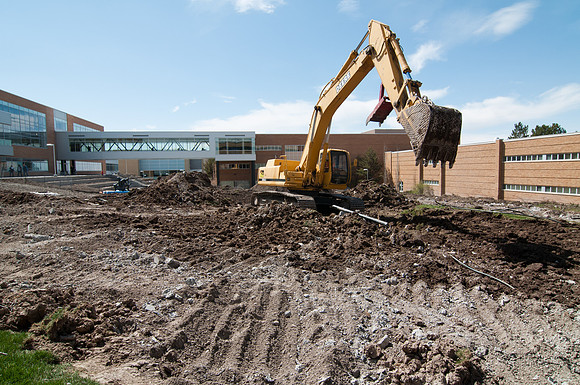 Beginning of construction on the Central Quad Amphitheater between the Hyrum Manwaring Student Center, David O. McKay Library and Joseph Fielding Smith Building. The Quad has been designed to accommod