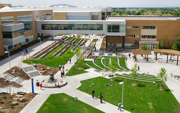 Completed amphitheater in the Central Quad. This photo was taken from the top of the Joseph Fielding Smith Building on May 21, 2012. The quad provides a unique outdoor gathering place for all who visi