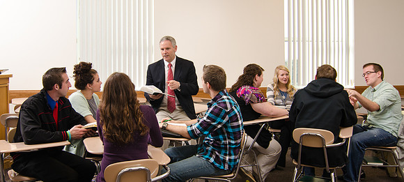 Religion class Learning Model photo shoot with Lon Pyper. Models: Lon Pyper, Religion instructor; Kylynn Meyet; KC Barnwell; Kyle Jones; Spencer Cook; Taylor Jensen; Jordan Reed; Kris Keltner; Kaitlyn