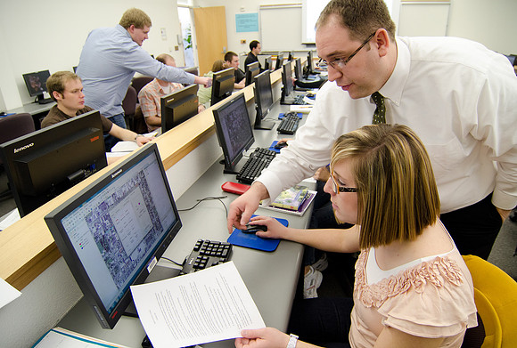 Sean Cannon teaches Geography 230 Intro to Geographic Info Systems. In class today students were downloading a Google map zoomed into Rexburg then identifying streets in a new layer to create a local