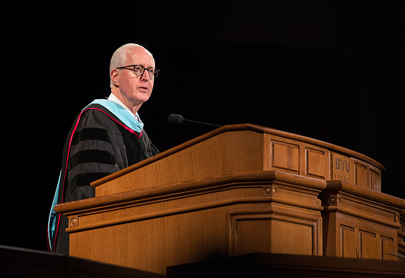 Elder Larry Y. Wilson, General Authority Seventy, speaks to the College of Agriculture and Life Sciences Convocation in the Byu-Idaho Center.