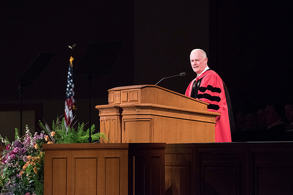 Elder Kim B. Clark speaks to BYU-Idaho graduates at Commencement ceremony. Photo by Ryan Chase