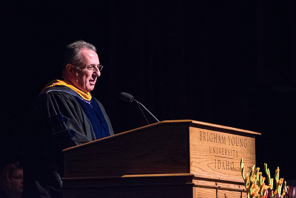 Elder Ulisses Soares speaks to BYU-Idaho graduates at the College of Business and Communication Convocation Ceremony. Photo by Ryan Chase