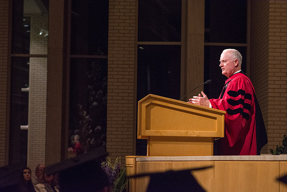 Elder Kim B. Clark speaks to the College of Physical Science and Engineering at Convocation. Photo by Courtney Thomas.