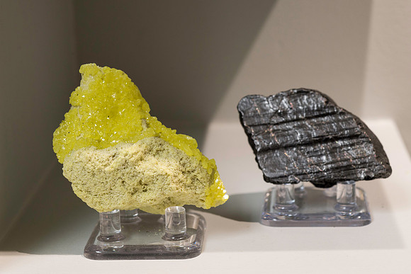 Here are samples of sulfur (left) and graphite (right) which will be placed in one of the first displays as you enter the main hall.