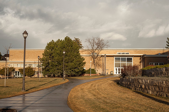 The Kikham Building at sunset after a light sprinkle in Rexburg, Idaho.