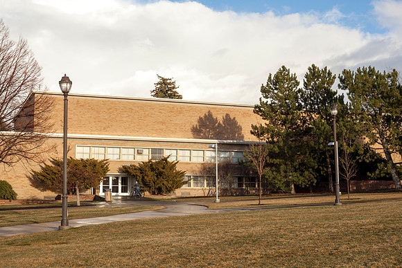 The Kikham Building at sunset after a light sprinkle in Rexburg, Idaho.
