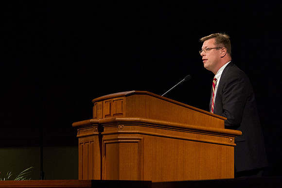 Clark G. Gilbert, who was just announced as the new BYU-Idaho president, addresses the faculty and students in the I-Center. Photo by Tyler Rickenbach