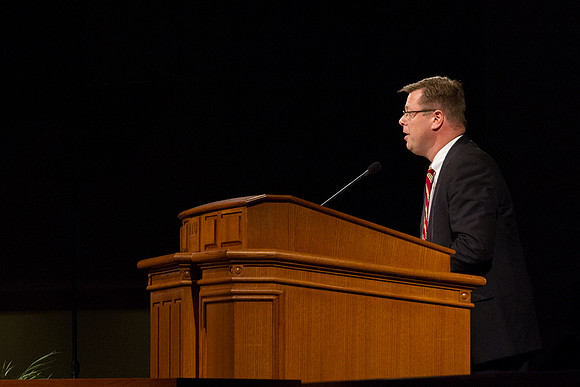 Clark G. Gilbert, who was just announced as the new BYU-Idaho president, addresses the faculty and students in the I-Center. Photo by Tyler Rickenbach