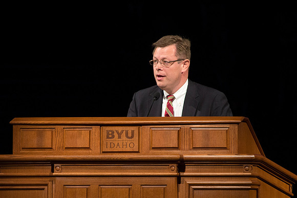 Dr. Clark Gilbert speaks to BYU-Idaho Students after being announced the new President of the school. Photo by Katelyn Crompton