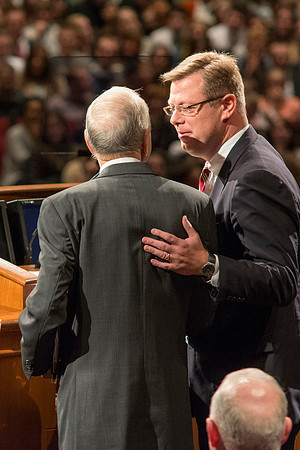 Elder Russell M. Nelson, of the Quorum of the Twelve Apostles, introduces Brigham Young University-Idaho's newest President of the University, Clark G. Gilbert. Photo by Ryan Chase