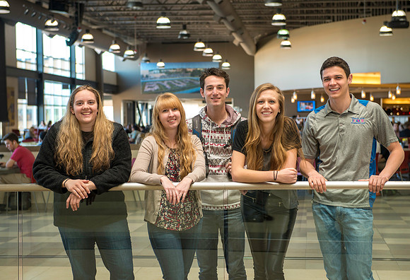 Group of students just outside the MC Crossroads. Tim Proskine, Lexis Allen, Lindsey Haas, Madison Ward, Chris Blodgett