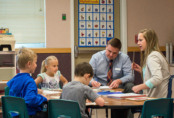 A Student Teacher, at Jefferson Elementary School in Rigby, Idaho, is evaluated by Jeff Pulsipher of the Teacher Education Department.