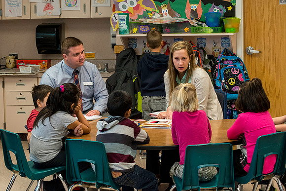 A Student Teacher, at Jefferson Elementary School in Rigby, Idaho, is evaluated by Jeff Pulsipher of the Teacher Education Department.